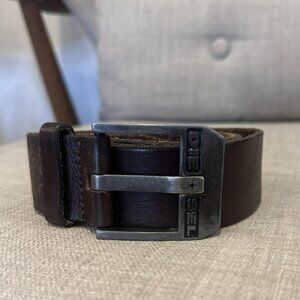 VTG Diesel Belt Mens 32 Brown Leather Logo Buckle 80/32 Antique Silver Wide